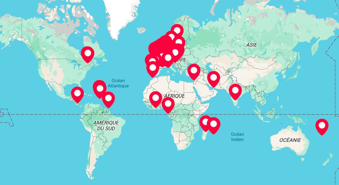 Carte du monde de Vision Minute : les magasins équipés en Europe, en Afrique, en Amérique, au Moyen-Orient, en Inde, dans l'océan Indien et en Nouvelle-Calédonie