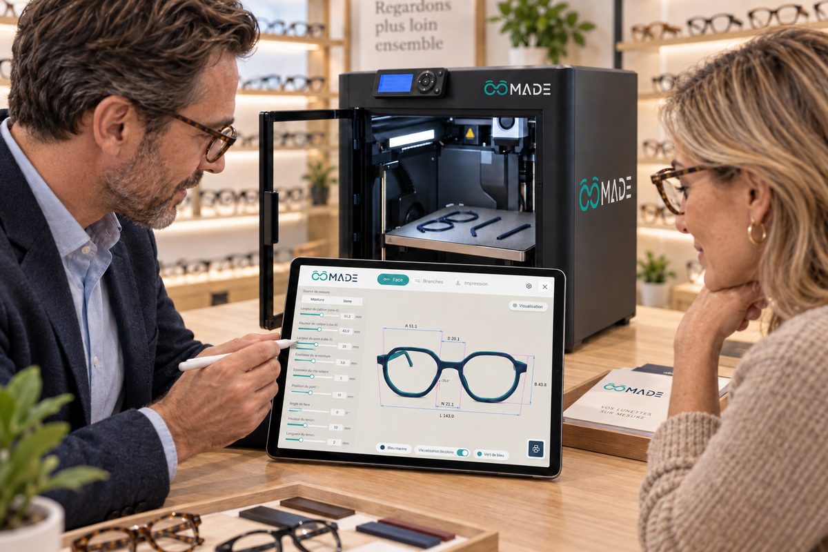 L'opticien règle la monture sur la tablette avec sa cliente, devant l'imprimante OOmade